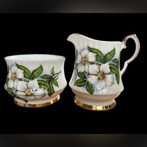 Royal Windsor Bone China Dogwood Floral Porcelain Creamer and Sugar Bowl Set
